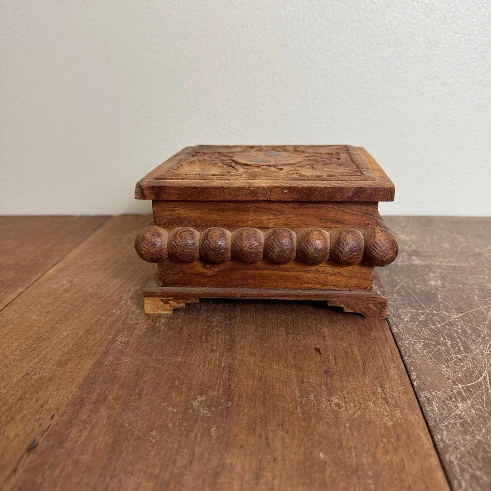 Vintage‎ Solid Wood Carved Jewelry Trinket Box Made in India